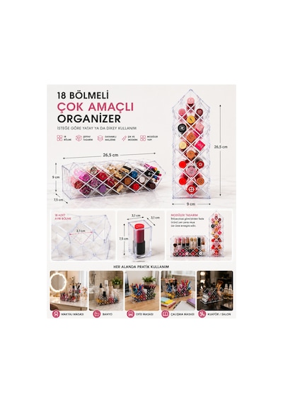 18 Bölmeli Şeffaf Makyaj Organizeri Ruj Oje Kalem Fırça Düzenleyici Masaüstü Kozmetik Organizer Kutusu 26,5 X 9 Cm Çok Amaçlı Akrilik Düzenleyici Şeffaf