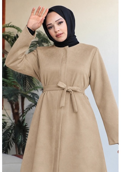 Nevayla Moda Kuşaklı Süet Kumaş Kap Bej