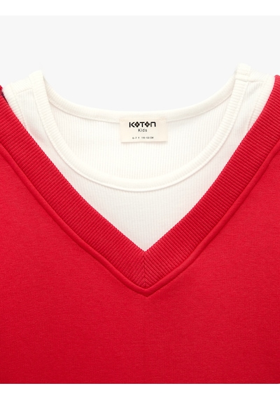 Koton Katmanlı V Yaka Uzun Kollu Pamuklu Şardonlu Sweatshirt Kırmızı 7wkg10051ak
