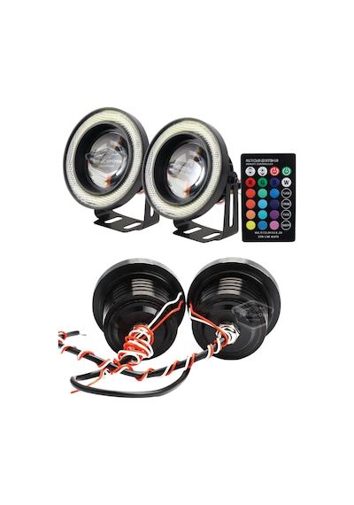 Üniversal Kumandalı Rgb Mercekli Angel Sis Farı Metal Su Geçirmez 76 Mm Beyaz Halkalı Gündüz Farı Angel Eyes 2 Adet