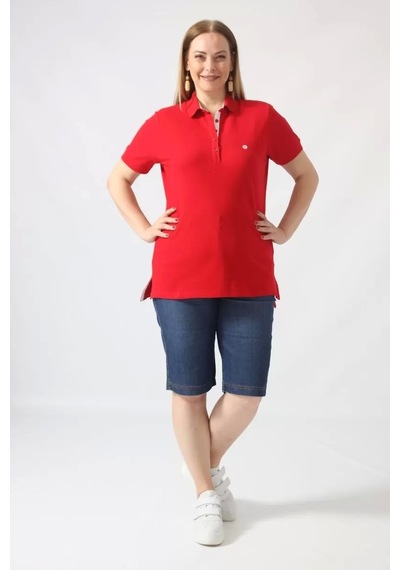 Moda Berray 21305 Kısa Kollu Büyük Beden Lakost Kumas T-shirt Kırmızı Kırmızı