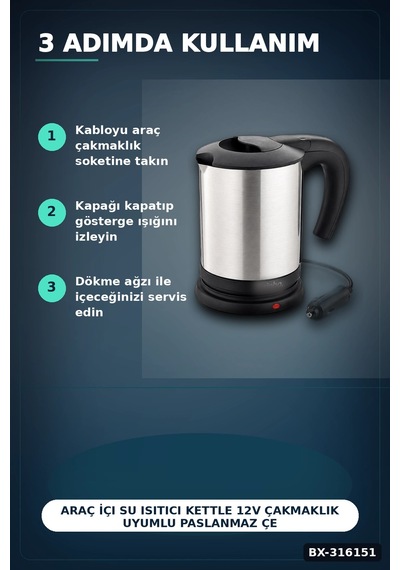 Araç İçi Su Isıtıcı Kettle 12v Çakmaklık Uyumlu Paslanmaz Çelik Termos Kupa Bx-316151