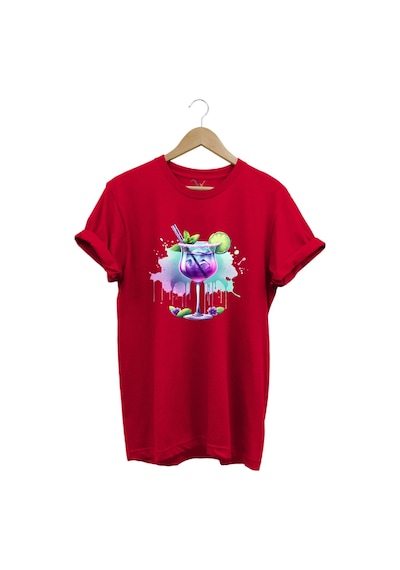 Tropik Kokteyl Temalı Renkli Yaz Baskılı %100 Pamuk Unisex Regular Fit T-shirt Kırmızı