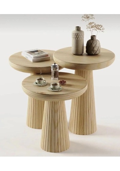 Wood Wooden 3 Lü Set Fitilli Mantar Yan Sehpa Modern Ahşap Renk Vernikli Fiskos Ahşap