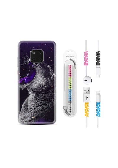 Huawei Mate 20 Pro Kılıf Kablo Koruyuculu Purple Leopar 1750