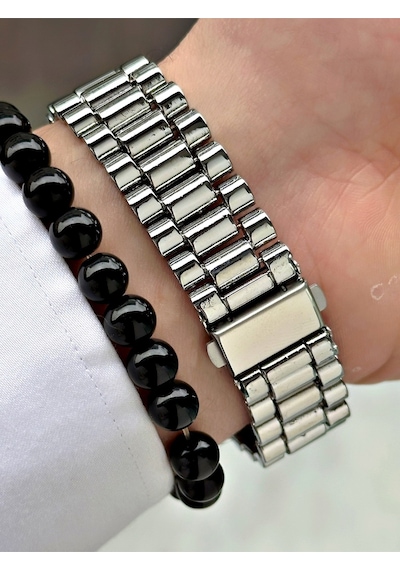 Premium Tasarım Grande Lüks Seri Metal Kordon Çift Takvimli Erkek Kol Saati-bileklik Hediyeli Siyah