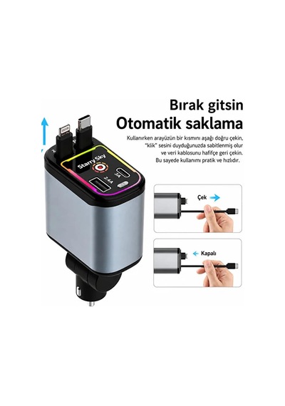 66w Pro Cw1 Led Tavan Aydınlatmalı 4'ü 1 Arada Geri Çekilebilir Çift Kablolu 3.4a Süper Hızlı Araç Şarj Cihaz