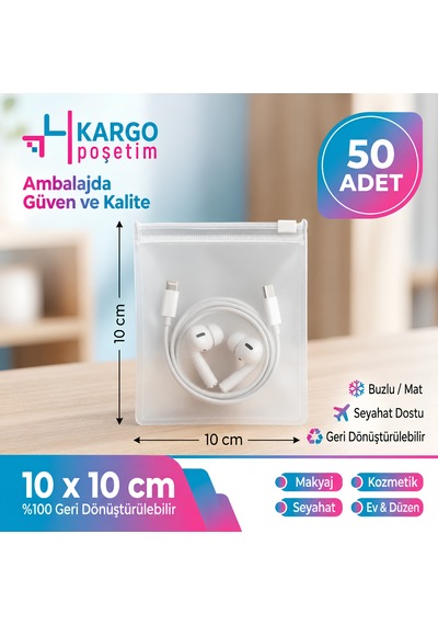 10x10 Cm Fermuarlı Buzlu Şeffaf Poşet - Takı, Düğme & Aksesuar Düzenleyici Fermuarlı Torba 130 Micron -50 Adet