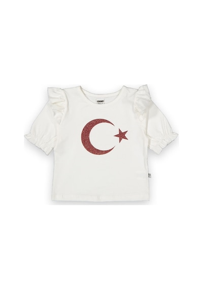 Novy Baby Novy-23 Nisan Türk Bayraklı Omuz Fırfırlı KızÇocuk Tişört 2-9 Yaş