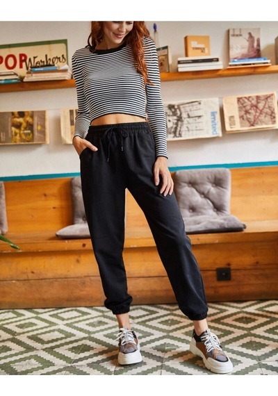 Unisex Siyah Cepli Beli Bağcıklı Basic Eşofman Altı Jogger Siyah