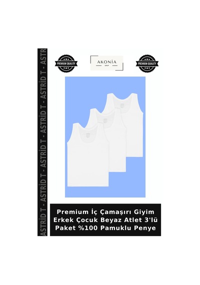 Astrid T Premium İç Çamaşırı Giyim Erkek Çocuk Beyaz Atlet 3'lü Paket %100 Pamuklu Penye