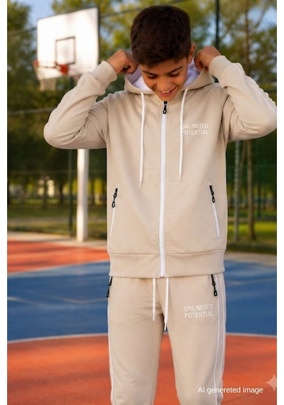 Pina Kids Erkek Çocuk Scuba Unlimited Çift Şeritli Kapüşonlu Reglan Kol Dalgıç Kumaş Eşofman Takımı Esf7024 Krem