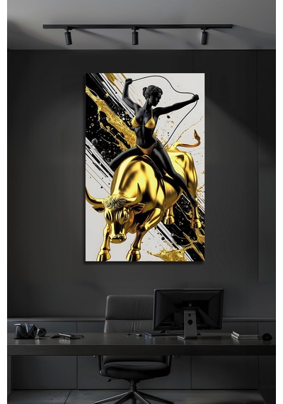 Altın Boğa Ve Modern Kadın Sanat Temalı Dekoratif Lüks Cam Tablo Portre Temalı Dekoratif Duvar Tablosu, Salon Ve Yatak Odası Dekoru,
