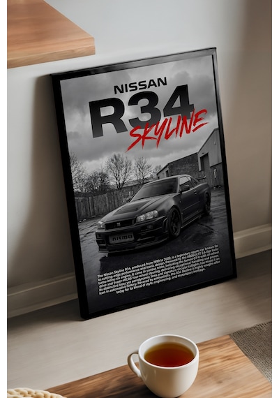 Nissan R34 Skyline Siyah Ahşap Çerçeveli Poster, Dekoratif Araba Duvar Tablosu