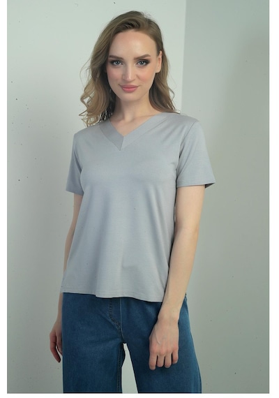 By Saygı Kadın V Yaka Yırtmaçlı Kısa Kol Bluz-40709 Gri By Saygı Kadın V Yaka Yırtmaçlı Kısa Kol Bluz-40709 Gri