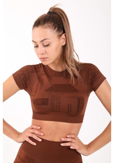 Maraton Active Slimfit Kadın Bisiklet Yaka Kısa Kol Koşu Sepya Crop Top 811037 Kahverengi