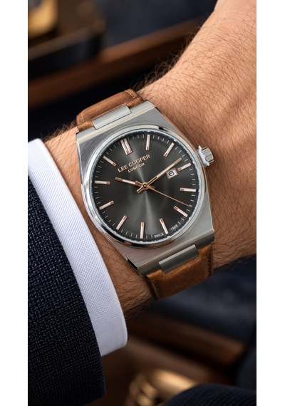 Lee Cooper Taba Deri Kayış Füme Kadran 40 Mm Yuvarlak Erkek Kol Saati, Bileklik Hediyeli Gümüş