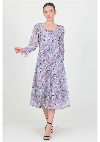 Neşeli Butik Kadın Gri Kalp Yaka Yeni Sezon Desenli Şifon Elbise Ry0030 Gri