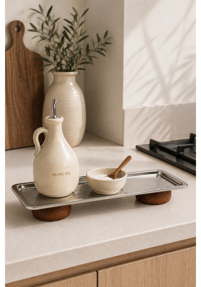 Gümüş Paslanmaz Çelik Çift Ahşap Ayaklı Dikdörtgen Sunum Ve Servis Tabağı 33x13 Cm Gümüş - 915233402 Gümüş