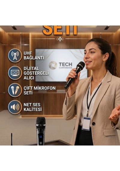 Uhf Çift Kablosuz Mikrofon Seti Dijital Göstergeli Alıcı