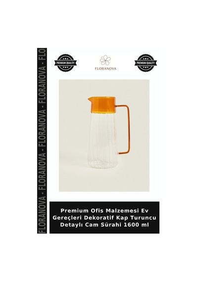 Premium Ofis Malzemesi Ev Gereçleri Dekoratif Kap Turuncu Detaylı Cam Sürahi 1600 Ml