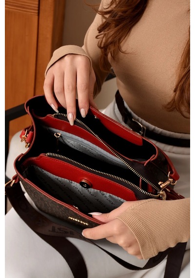 Just Polo Kadın Monogram Baskılı El Ve Omuz Çantası Ebat 25 X 25 Kahve Kırmızı
