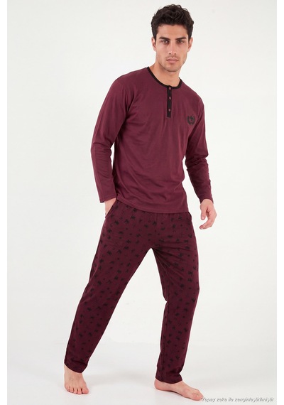 Buratti Desenli Pamuklu Düğmeli Bisiklet Yaka Pijama Takımı Erkek Pijama Takımı 6575002 Bordo