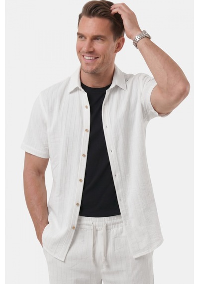 Rizzup Beyaz Slim Fit Çizgi Dokulu Keten Görünümlü Kısa Kol Erkek Spor Gömlek 2602648