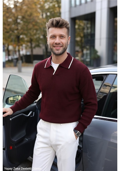 Kamalı Erkek Oversize Selanik Örgü Polo Yaka Triko Kazak Bordo