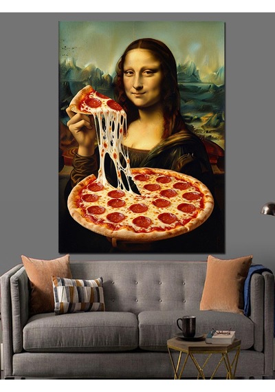 Pizza Yiyen Mona Lisa Portresi Dekoratif Kanvas - Mdf Ahşap Tablo