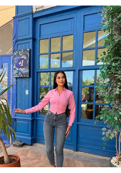 WeShaya Pembe Polyester Pamuk Parçalı Gömlek Pembe