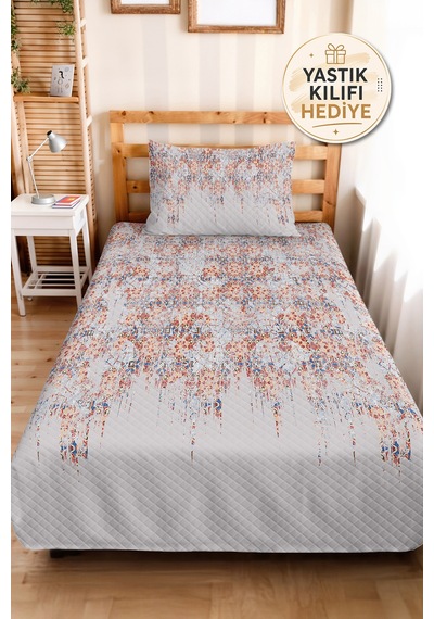 Etnik Modern Gri Genç Odası Tek Kişilik Pike Takımı - Mavi Turuncu 160x220 Cm Kapitone Yatak Örtüsü Masalsı Masal Kokusu