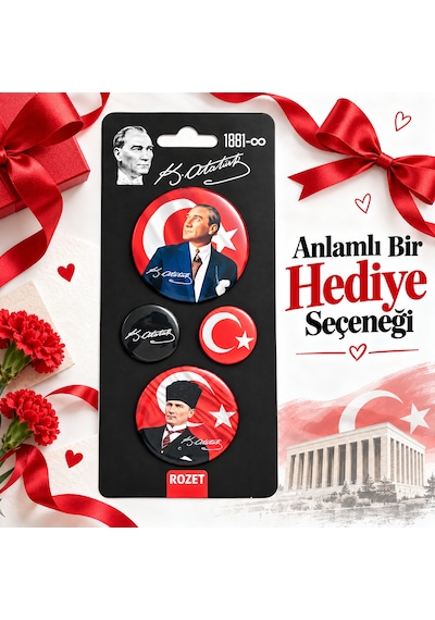 Bakgelal Atatürk 4'lü Rozet Seti Mavi Portre, Türk Bayrağı Ve İmza Tasarımlı - Bgaalk040002 Açık Mavi