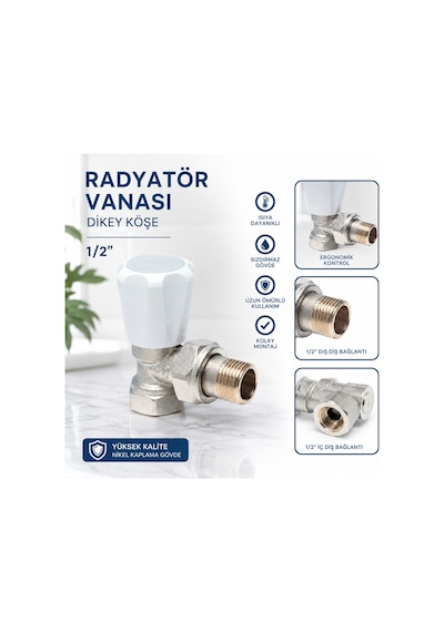 Pirinç Radyatör Vanası Dikey Köşe 1/2 İnç Beyaz Başlıklı Kalorifer Petek Vanası 5 Adet