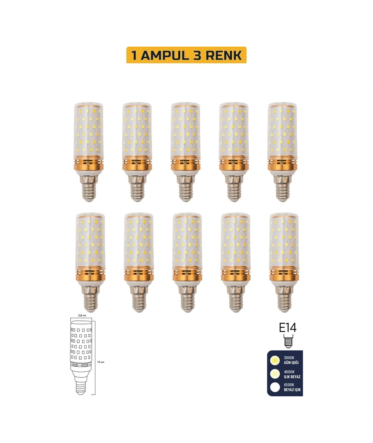 Mısır Şeffaf 10w Üç Renkli E14 Led 10'lu Ampul Erd-306