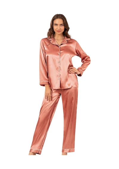 Ahu Biyeli Uzun Kol Saten Önden Düğmeli Pijama Takımı Bakır 7647 Bakır