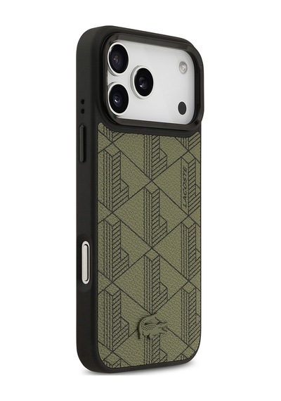 Apple Uyumlu iPhone 17 Pro Max Kılıf Lacoste Lisanslı M-safe Şarjlı Standlı Pu Deri Monogram Desenli Yeşil
