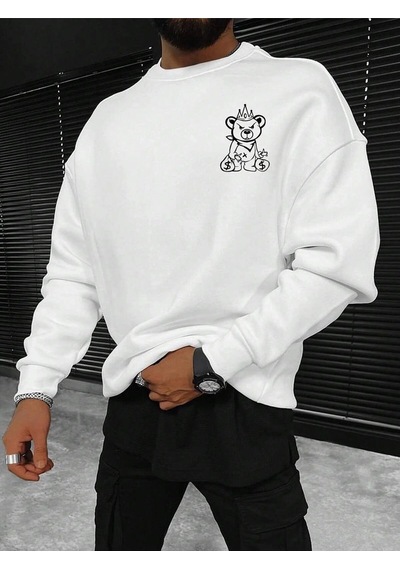 Plus Bear And Slogan Graphic Sweatshirt Beyaz Beyaz