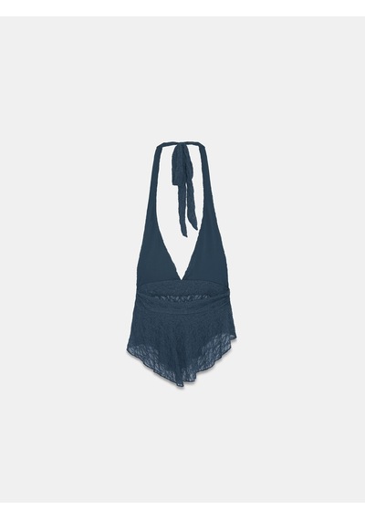 Dilvin 21228 Dantel Halter Yaka Top-indigo İndigo