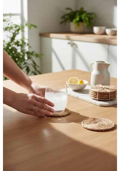 Hasır 6 Lı Bardak Altlığı 12 Cm Çay Fincan Kupa Mum Altlığı Dekoratif Supla Koyu Kahverengi