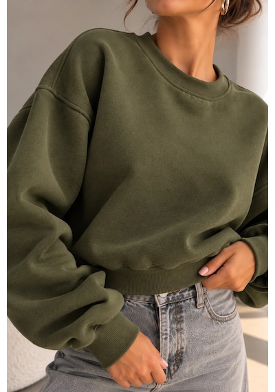 Bbbutikbasic 3 İplik Şardonlu Kısa Sweatshirt Bisiklet Yaka Kadın 3 İplik Şardonlu My3535 Haki