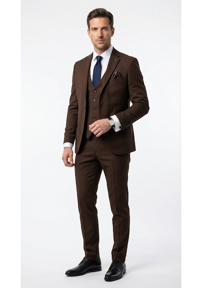 Erkek 3 Parça Slim Fit Takım Elbise Klasik Likralı Kumaş, Tek Düğme, Çift Yırtmaçlı Modern Kesim Ceket Yelek Pantolon Kahverengi