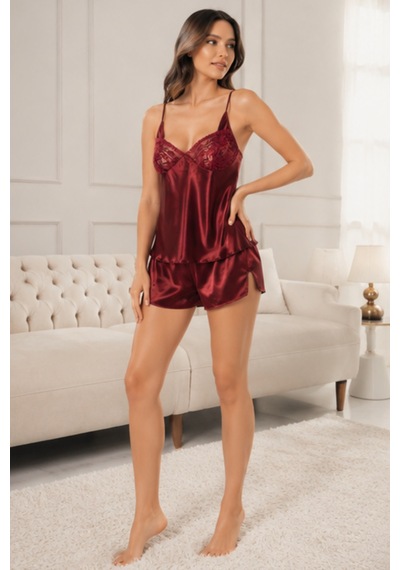 Loule Kadın Bordo İnce Askılı Dantelli Şortlu Saten Pijama