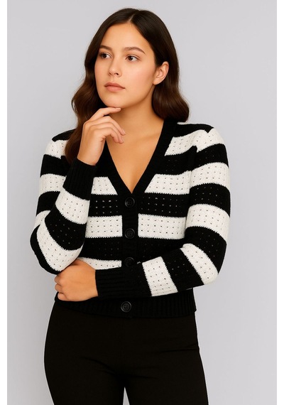 Hira Life Fashion Kadın Önü Düğmeli Ve Çift Renkli Çizgili Triko Hırka Siyah Siyah