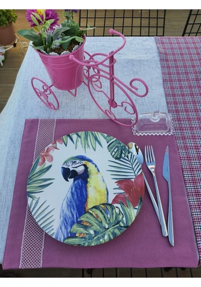 Pembe Şeritli 6 Lı Amerikan Servis Ekose Runner Seti Renkli