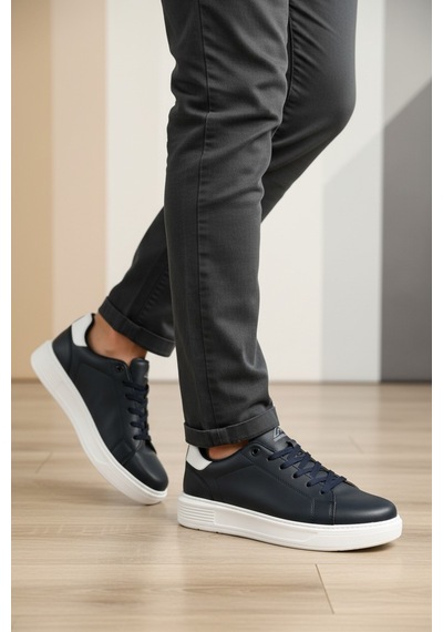 Enoch Topuk Detaylı Beyaz Tabanlı Bağcıklı Erkek Sneaker Lacivert Beyaz