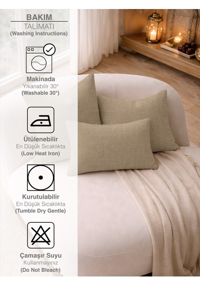 Br Perle Bej Keten Dokulu Dekoratif Kırlent Kılıfı Modern Salon Koltuk Yastığı