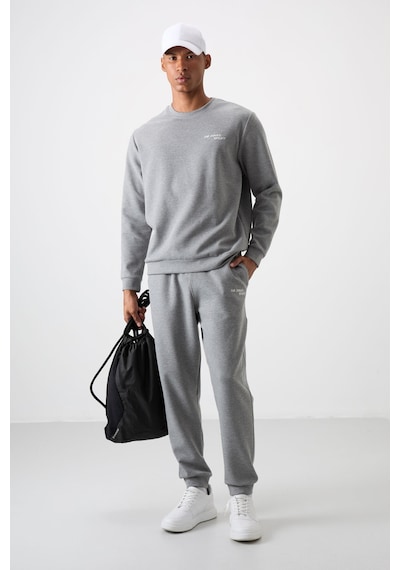 Tommy Life Gri Melanj Pamuklu Kalın Yumuşak Dokulu Comfort Fit Nakışlı Erkek Eşofman Takım - 85254 GRİ MELANJ