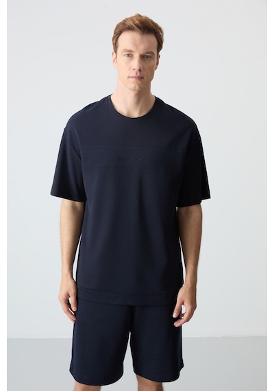 Lacivert Pamuklu Kalın Yumuşak Dokulu Comfort Fit Basic Erkek Şort Takım - 85257