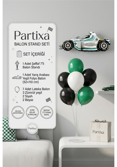 Yarış Arabası Yeşil Balon Stand Seti Şeffaf 7 Li Stand + Yarış Arabası Yeşil Folyo Balon 52 110 Cm + 7 Lateks Balon